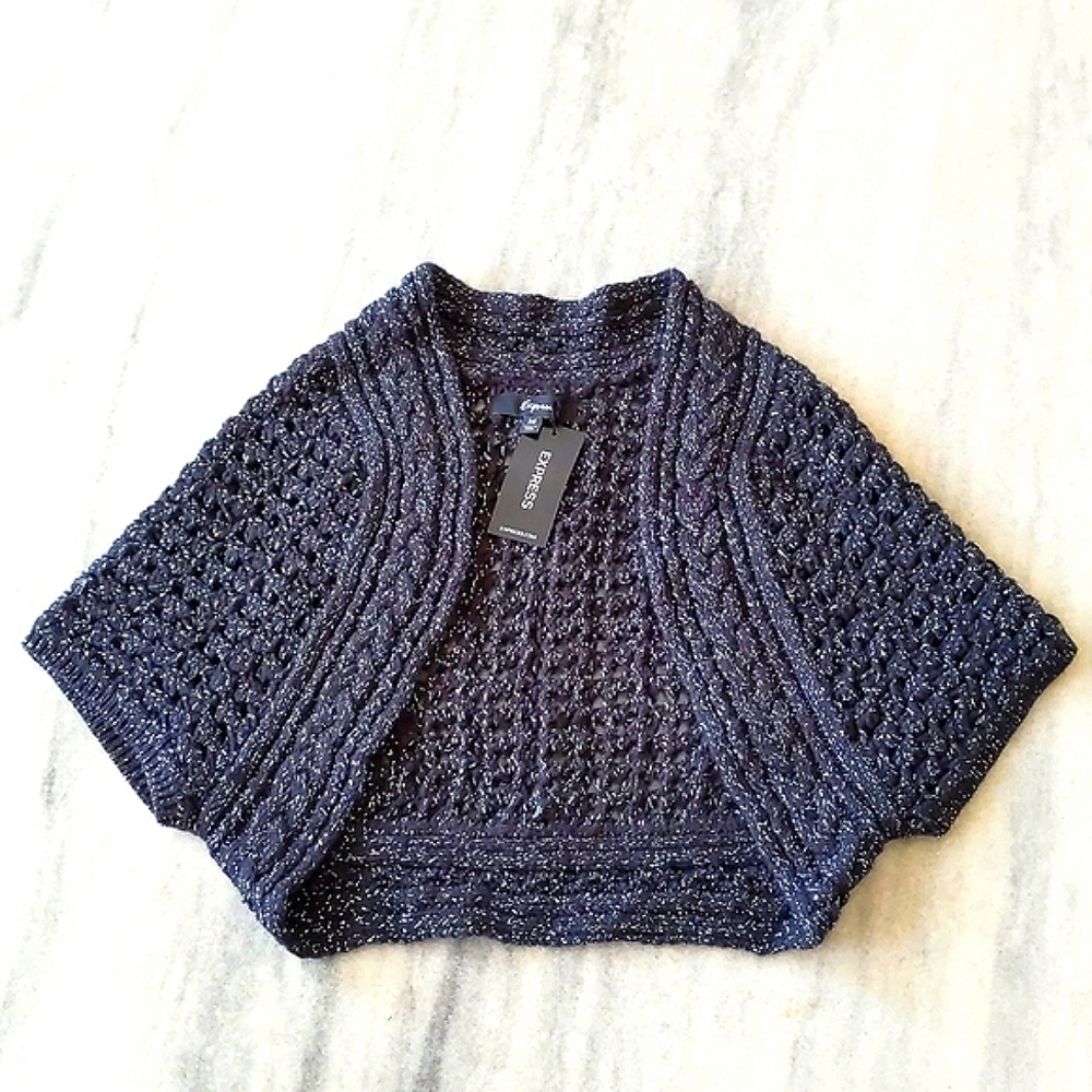 NWT. Express Woman's Merino wool blended crop crochet shrug with sparkling.
